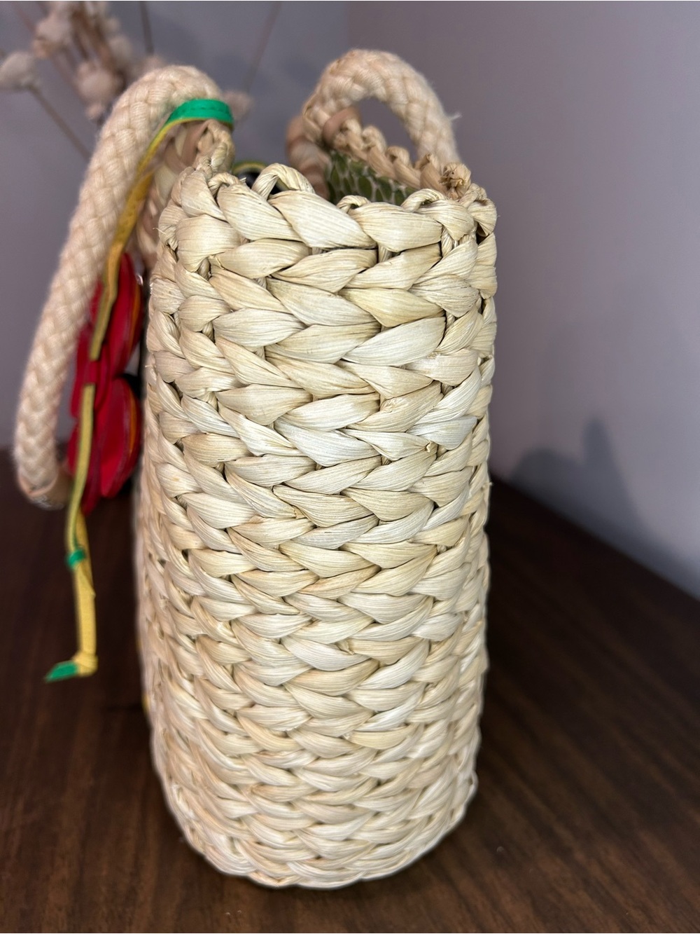 Brighton Woven Hula Straw Tote with Green Leaf Appliqué & Red Flower Charm - Picture 7 of 17